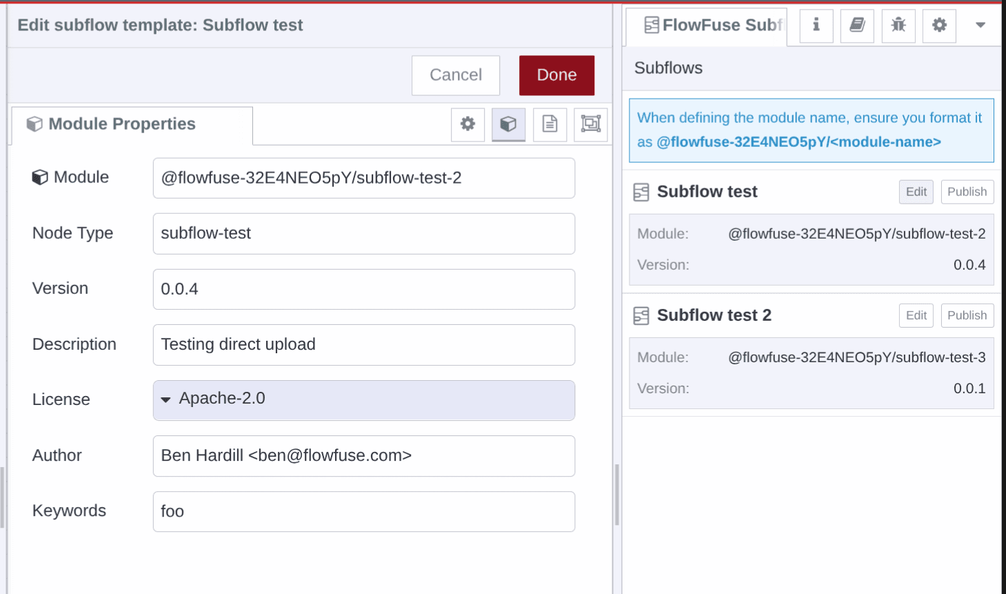 Node-RED editor with the Subflow export sidebar open